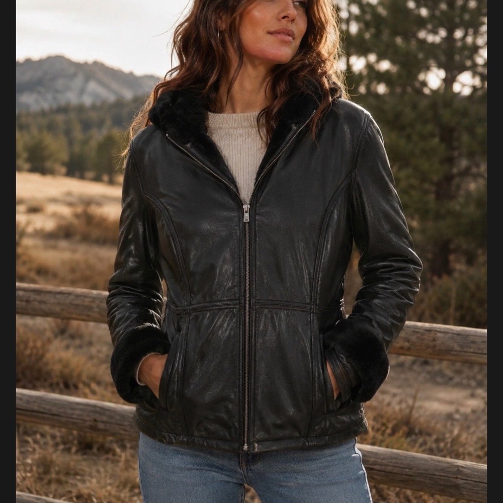 Sonoma Lambskin Leather Jacket Large Black Faux Fur Lined Hooded Coat Warm